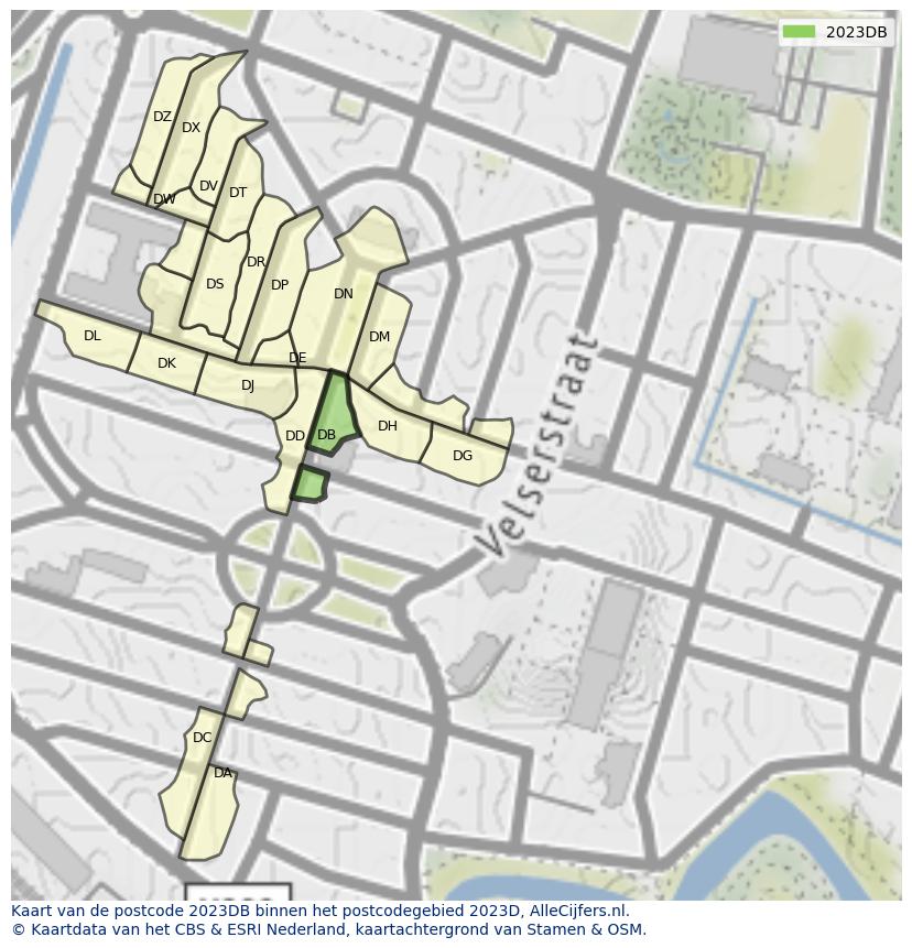 Afbeelding van het postcodegebied 2023 DB op de kaart.