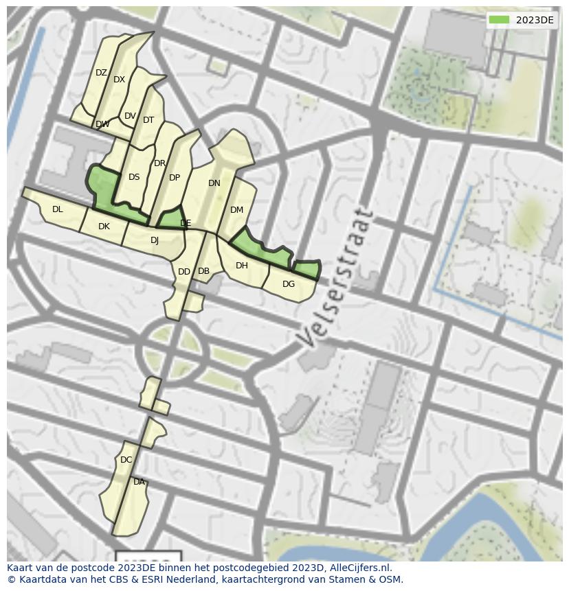 Afbeelding van het postcodegebied 2023 DE op de kaart.