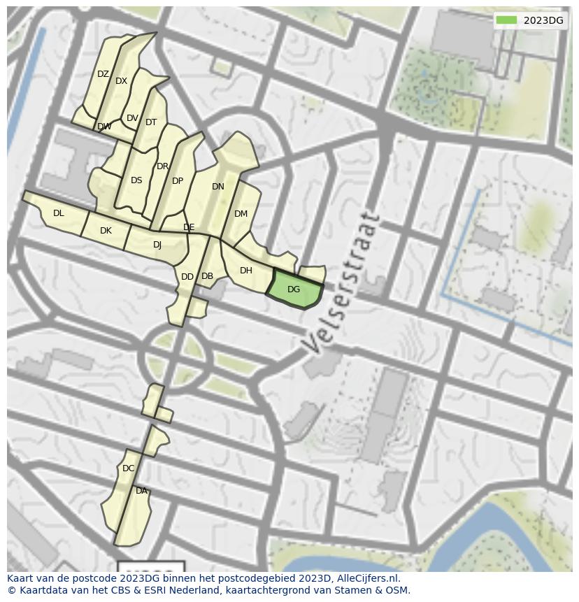 Afbeelding van het postcodegebied 2023 DG op de kaart.