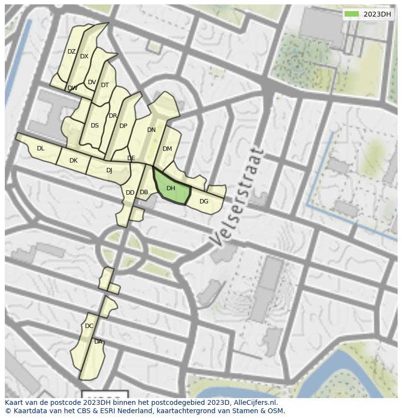 Afbeelding van het postcodegebied 2023 DH op de kaart.
