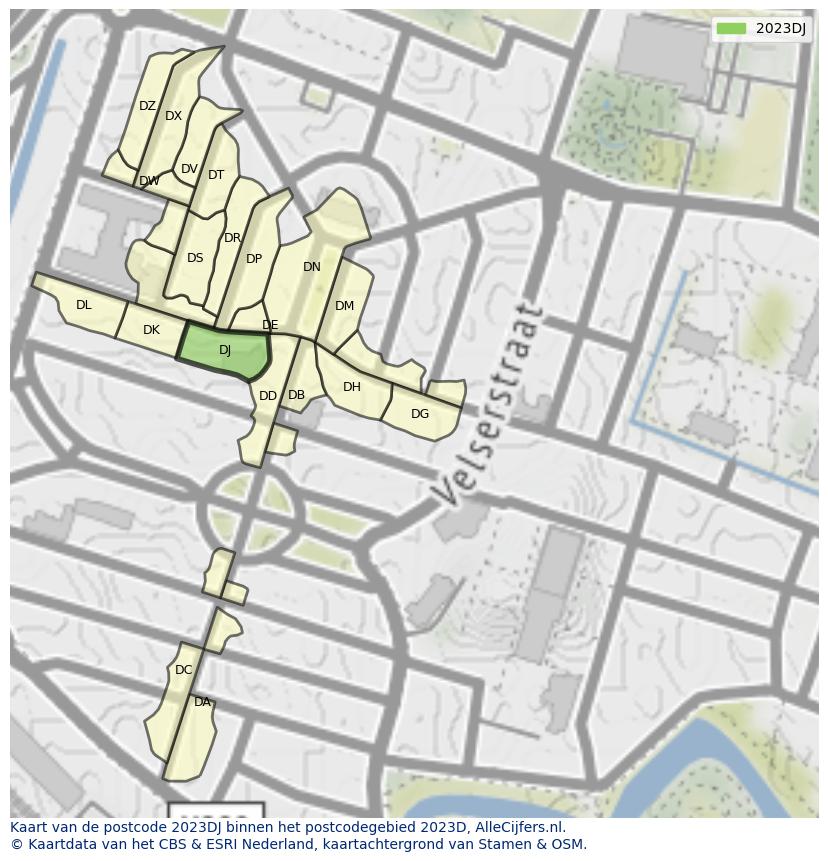Afbeelding van het postcodegebied 2023 DJ op de kaart.
