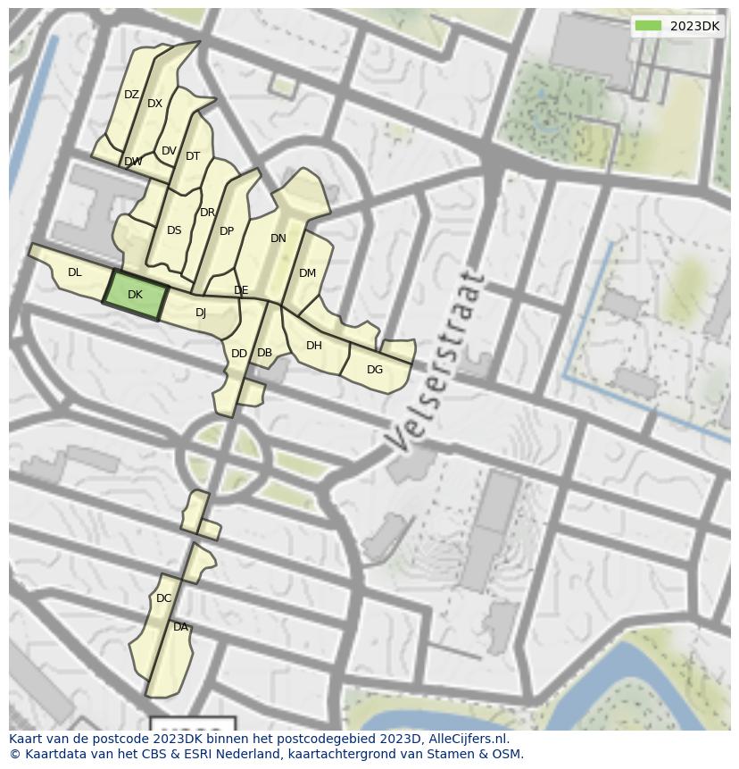 Afbeelding van het postcodegebied 2023 DK op de kaart.