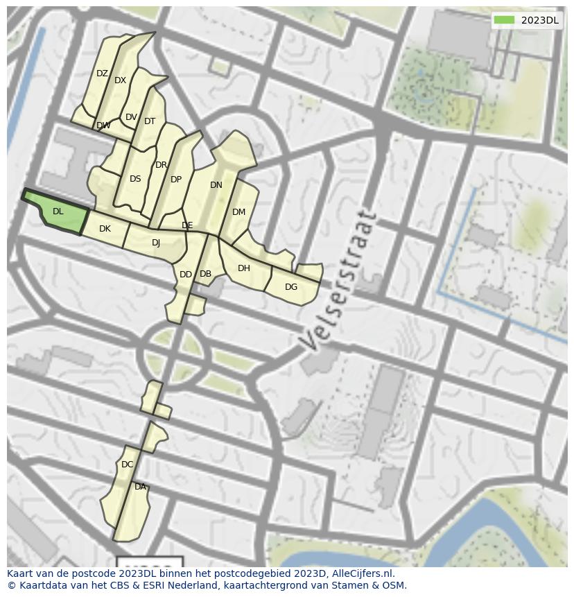 Afbeelding van het postcodegebied 2023 DL op de kaart.