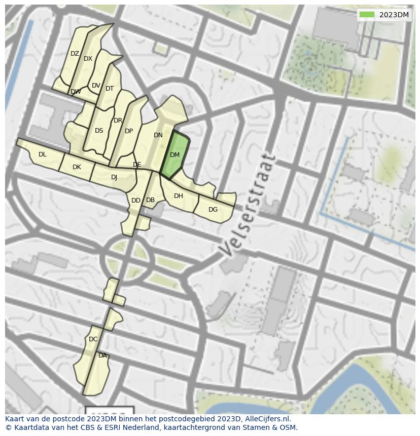 Afbeelding van het postcodegebied 2023 DM op de kaart.
