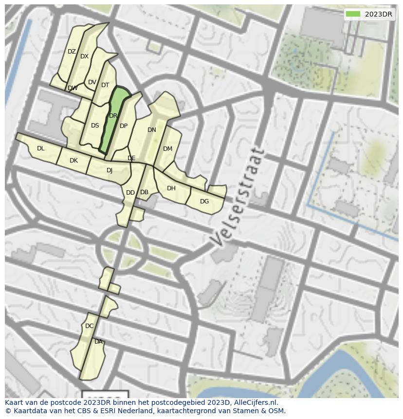 Afbeelding van het postcodegebied 2023 DR op de kaart.