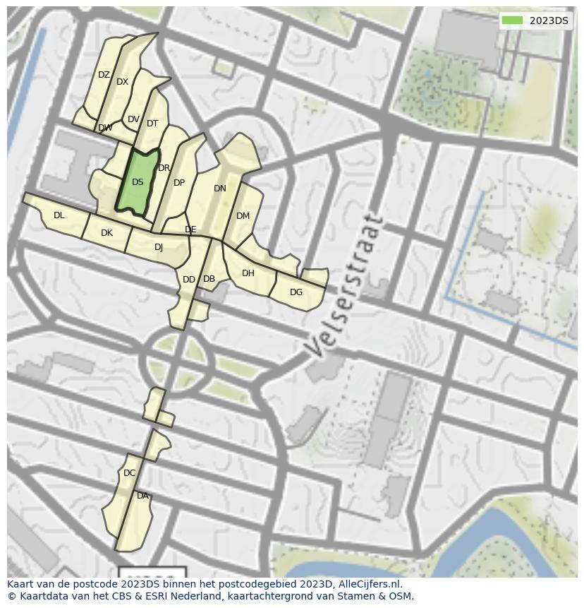 Afbeelding van het postcodegebied 2023 DS op de kaart.