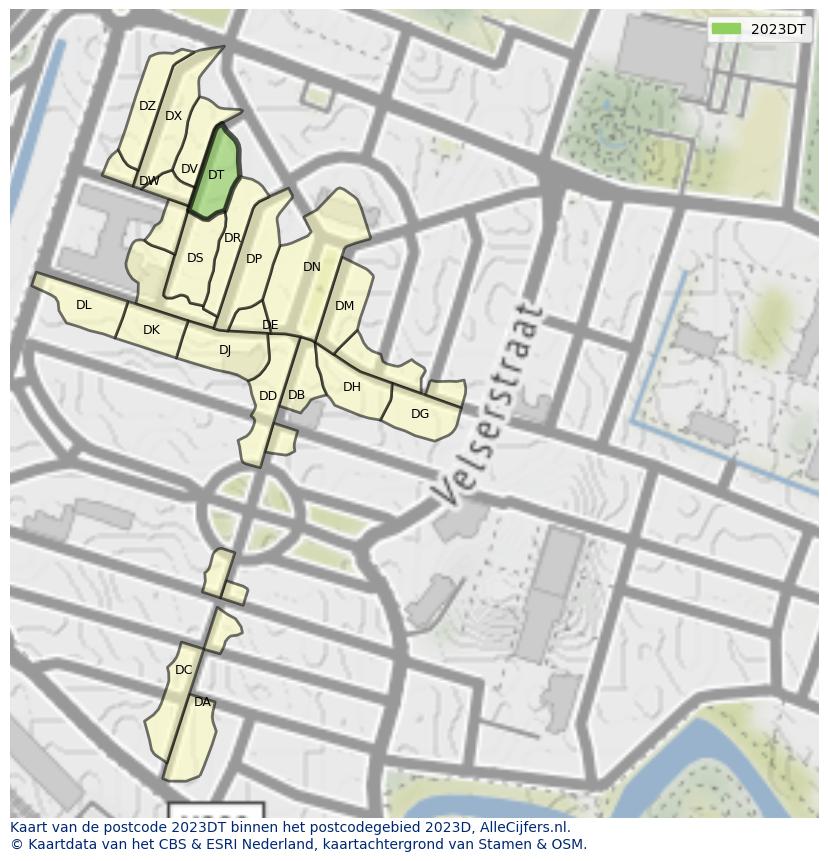 Afbeelding van het postcodegebied 2023 DT op de kaart.