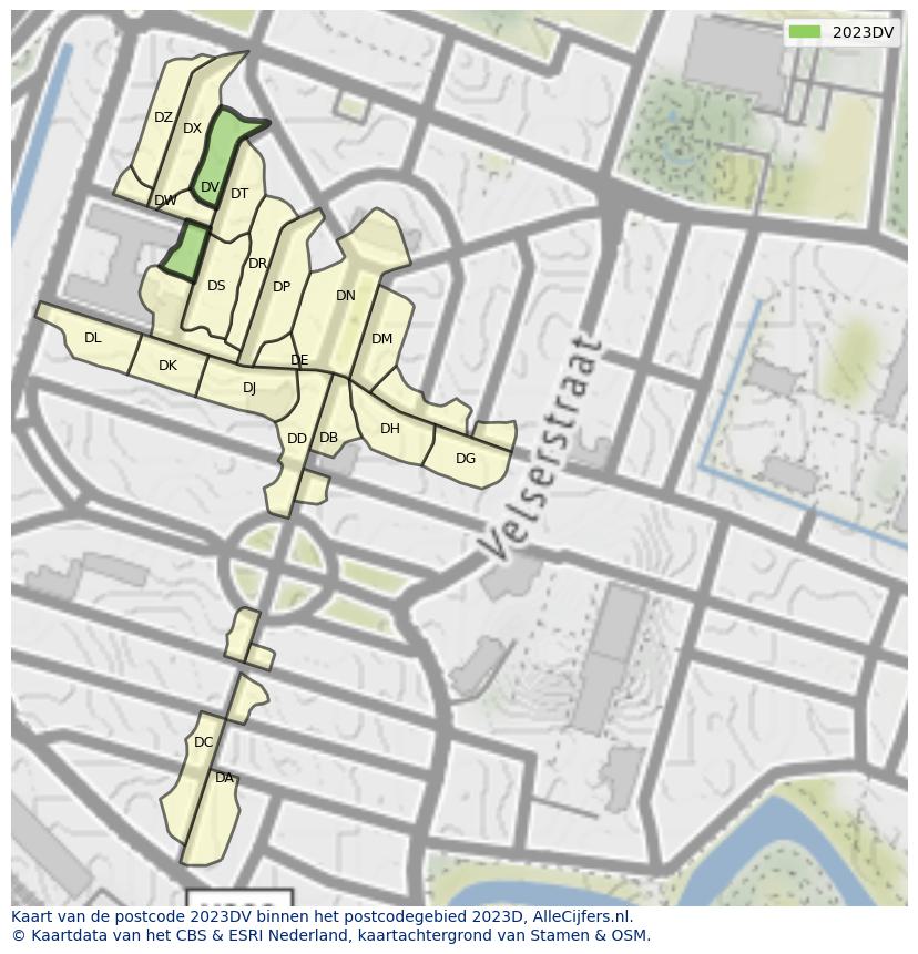 Afbeelding van het postcodegebied 2023 DV op de kaart.