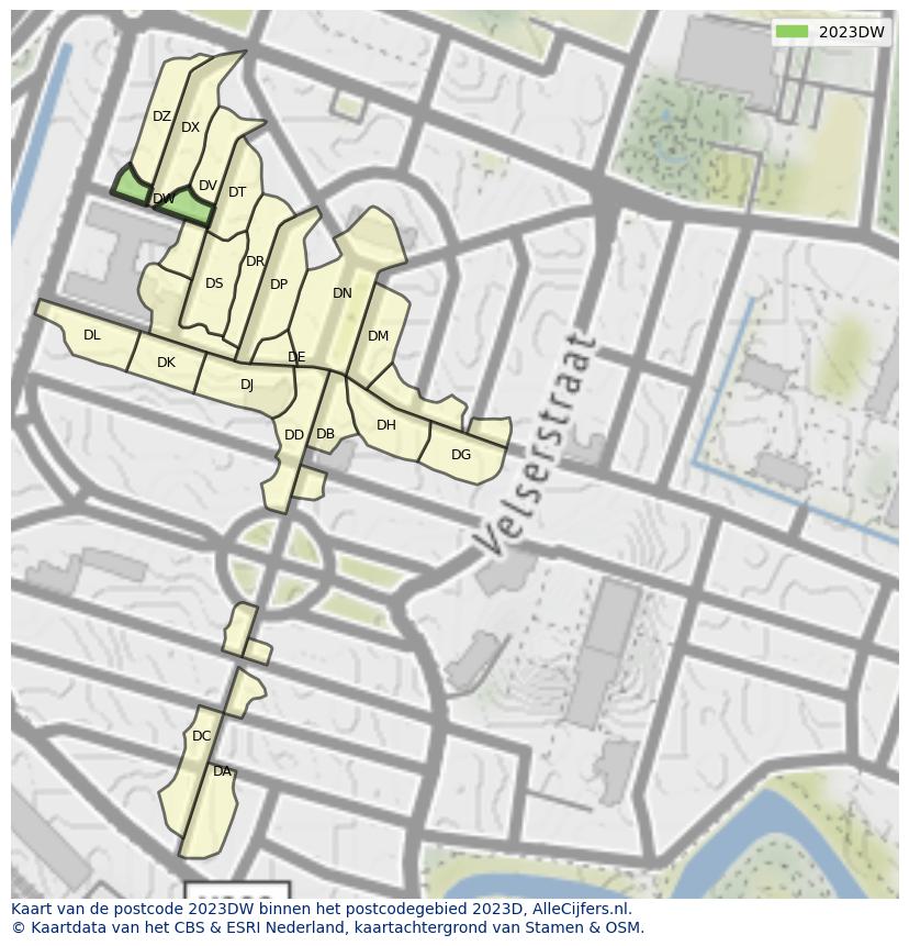 Afbeelding van het postcodegebied 2023 DW op de kaart.