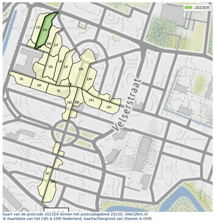 Afbeelding van het postcodegebied 2023 DX op de kaart.