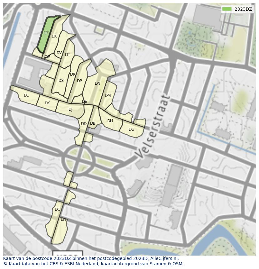 Afbeelding van het postcodegebied 2023 DZ op de kaart.