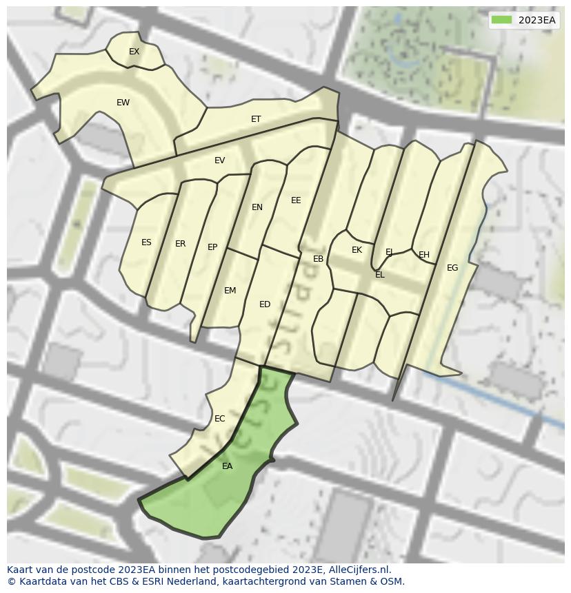 Afbeelding van het postcodegebied 2023 EA op de kaart.