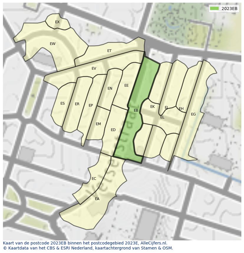 Afbeelding van het postcodegebied 2023 EB op de kaart.