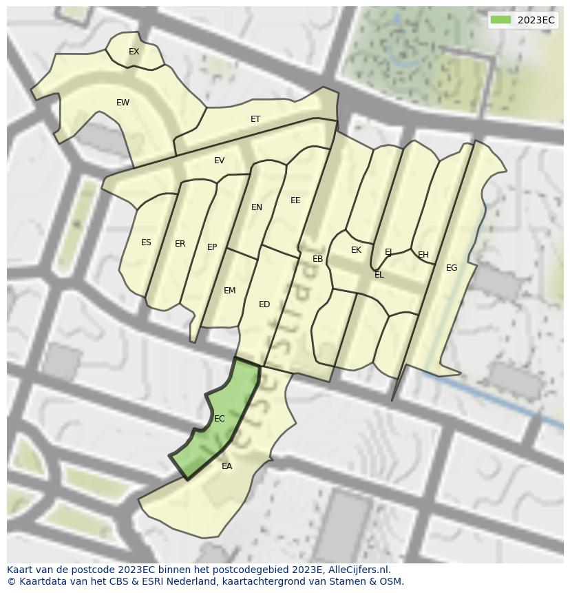 Afbeelding van het postcodegebied 2023 EC op de kaart.