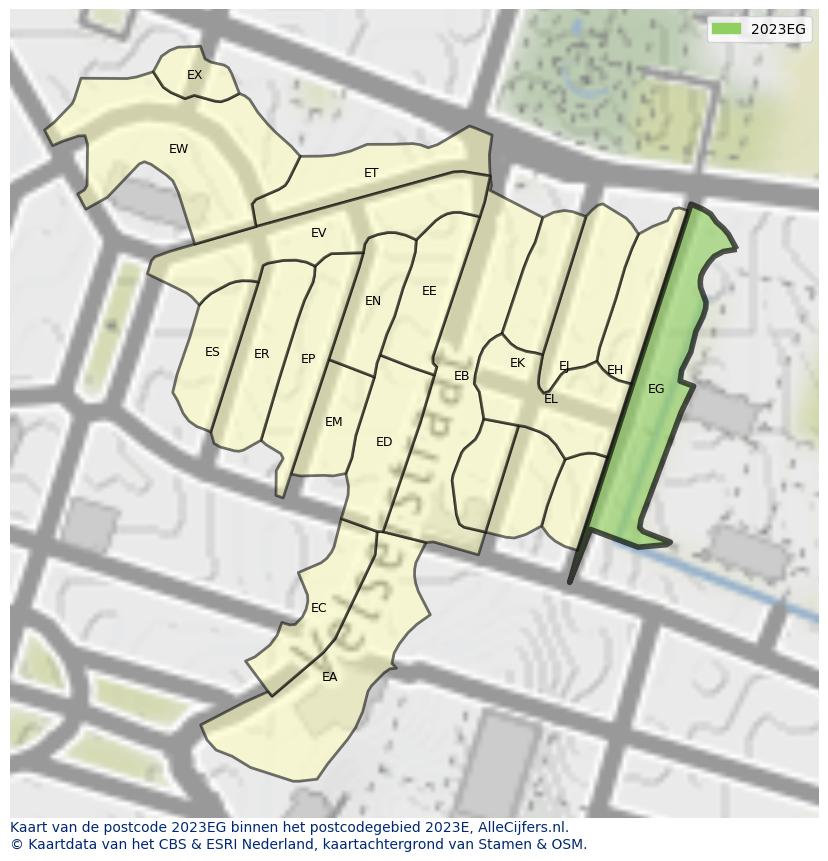 Afbeelding van het postcodegebied 2023 EG op de kaart.