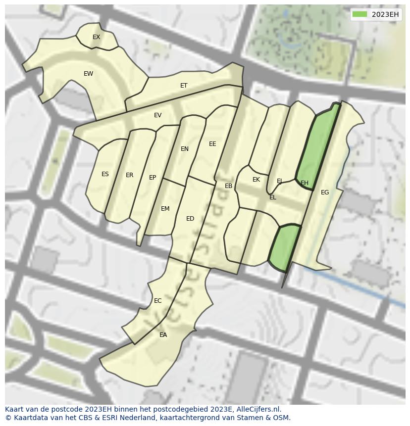 Afbeelding van het postcodegebied 2023 EH op de kaart.