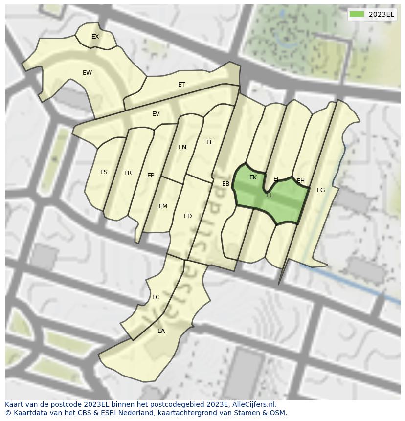 Afbeelding van het postcodegebied 2023 EL op de kaart.