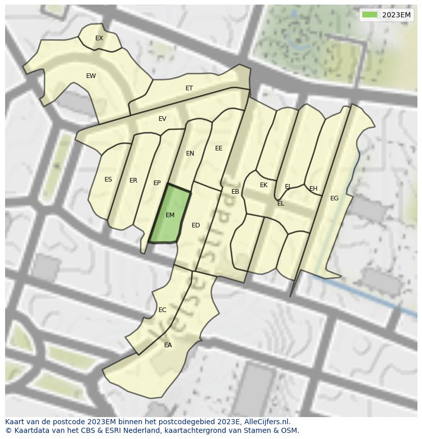 Afbeelding van het postcodegebied 2023 EM op de kaart.