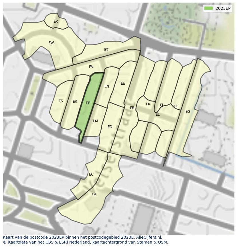 Afbeelding van het postcodegebied 2023 EP op de kaart.