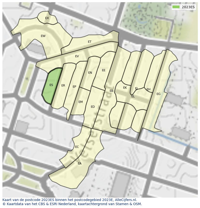 Afbeelding van het postcodegebied 2023 ES op de kaart.