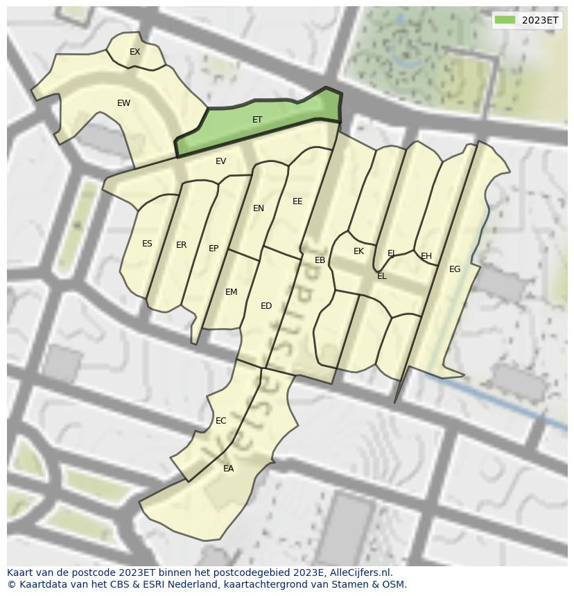 Afbeelding van het postcodegebied 2023 ET op de kaart.