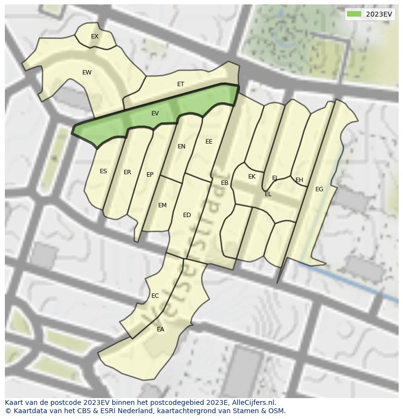 Afbeelding van het postcodegebied 2023 EV op de kaart.