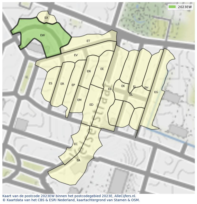 Afbeelding van het postcodegebied 2023 EW op de kaart.