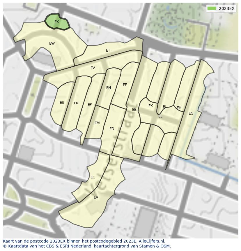 Afbeelding van het postcodegebied 2023 EX op de kaart.
