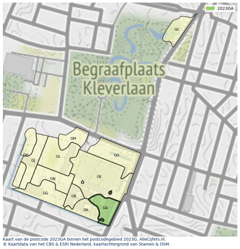 Afbeelding van het postcodegebied 2023 GA op de kaart.