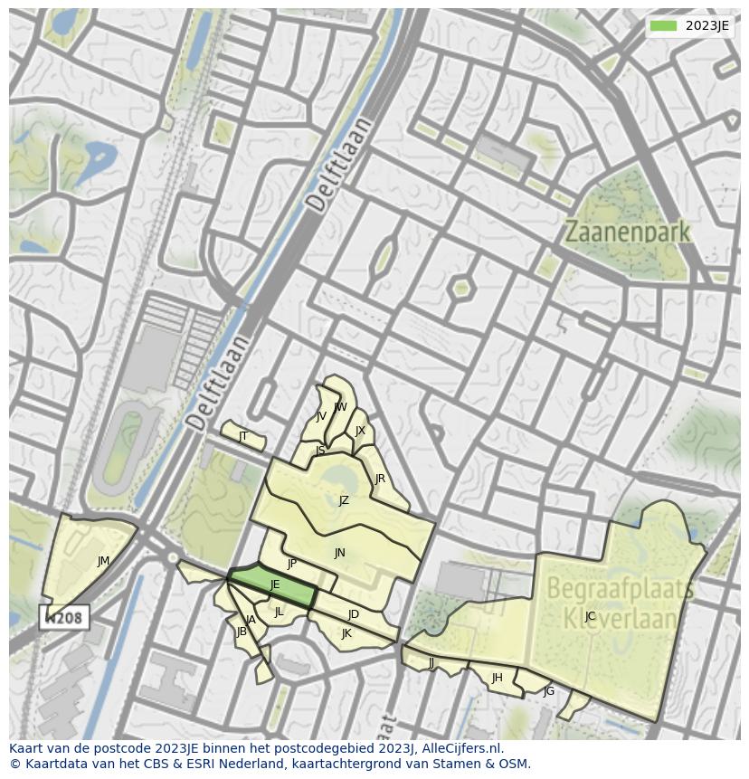 Afbeelding van het postcodegebied 2023 JE op de kaart.