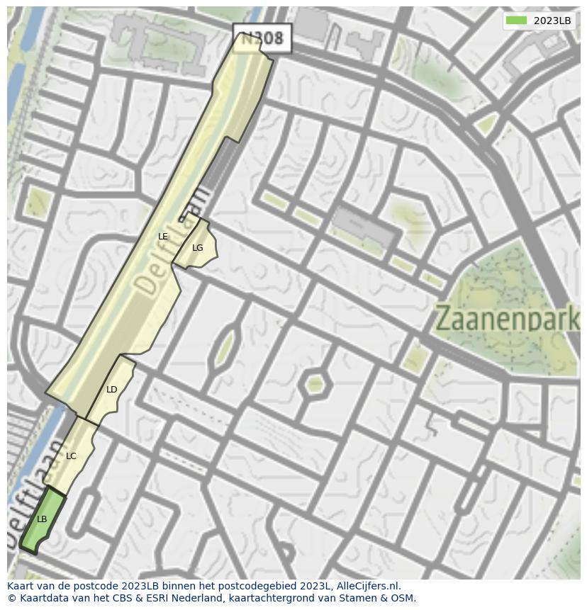 Afbeelding van het postcodegebied 2023 LB op de kaart.