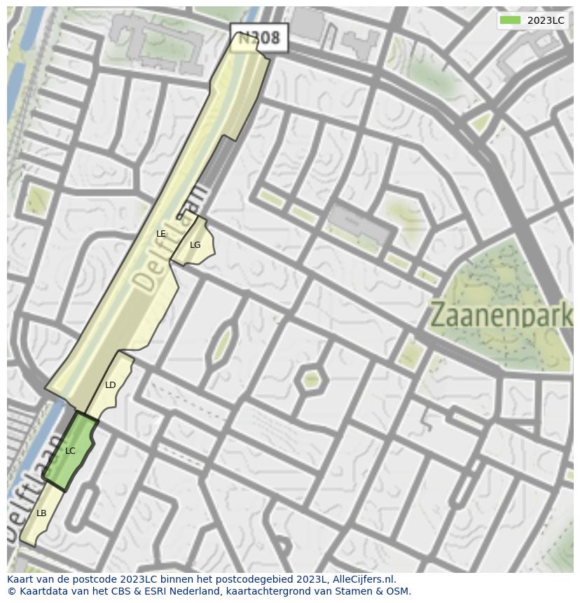 Afbeelding van het postcodegebied 2023 LC op de kaart.