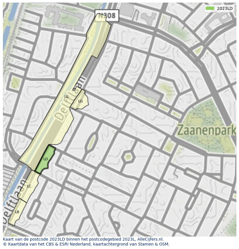 Afbeelding van het postcodegebied 2023 LD op de kaart.