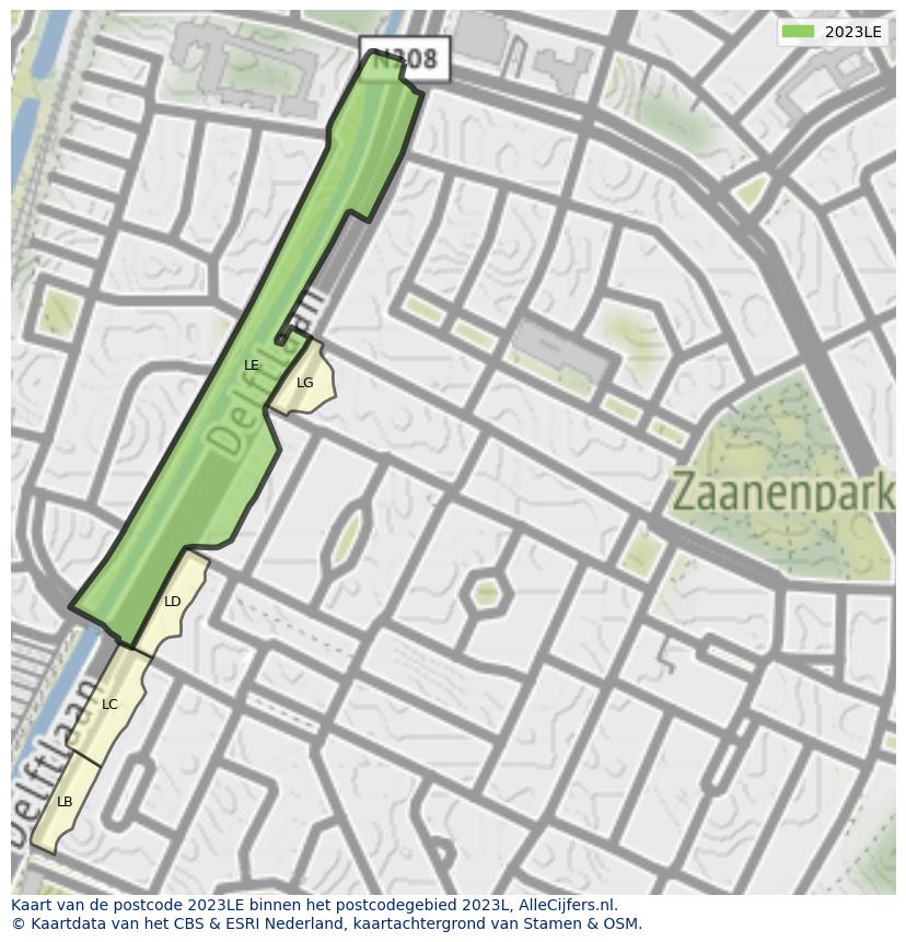 Afbeelding van het postcodegebied 2023 LE op de kaart.