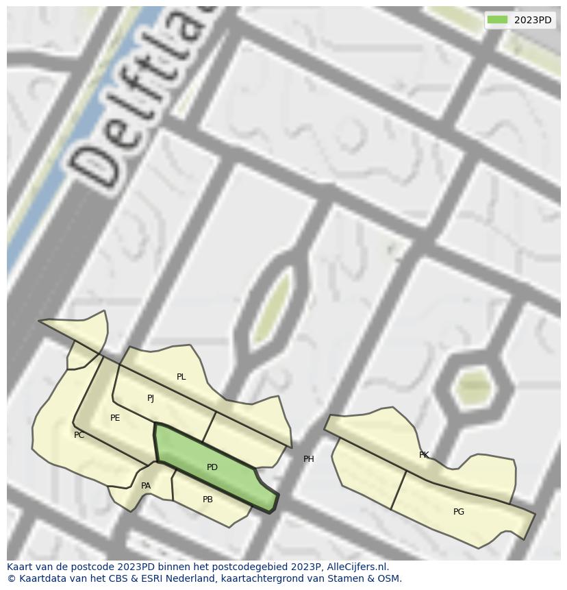 Afbeelding van het postcodegebied 2023 PD op de kaart.