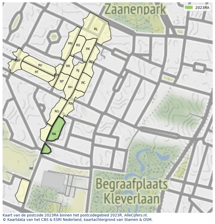 Afbeelding van het postcodegebied 2023 RA op de kaart.