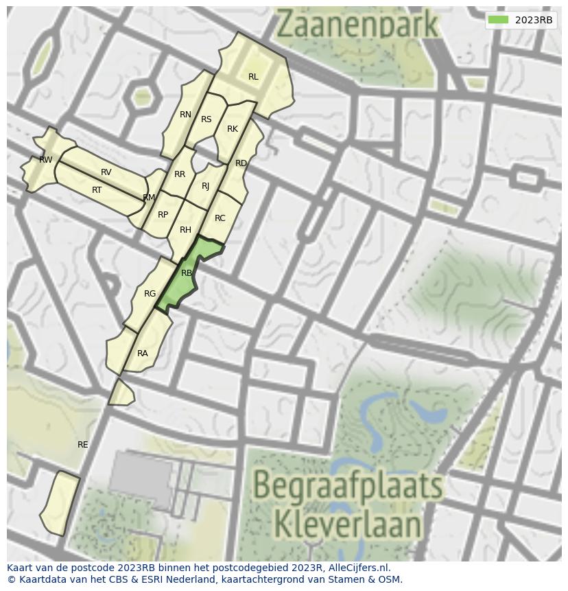 Afbeelding van het postcodegebied 2023 RB op de kaart.