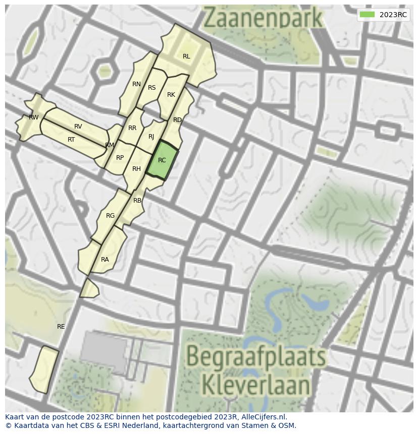 Afbeelding van het postcodegebied 2023 RC op de kaart.