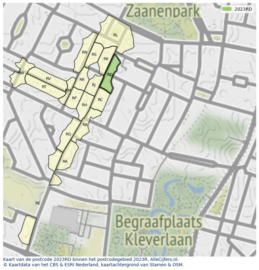 Afbeelding van het postcodegebied 2023 RD op de kaart.