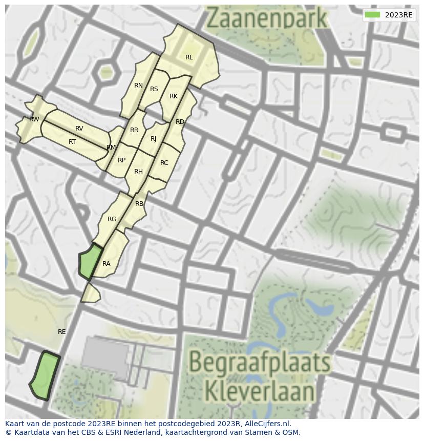 Afbeelding van het postcodegebied 2023 RE op de kaart.