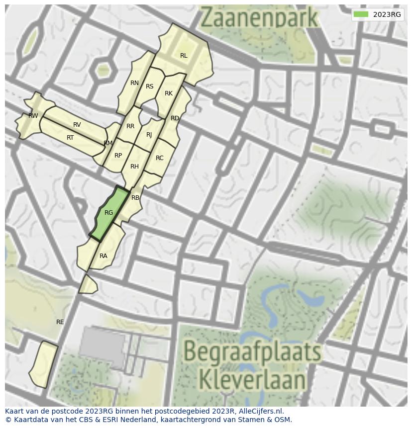 Afbeelding van het postcodegebied 2023 RG op de kaart.