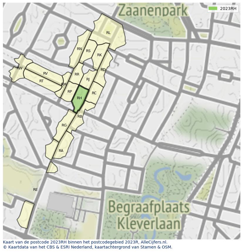 Afbeelding van het postcodegebied 2023 RH op de kaart.