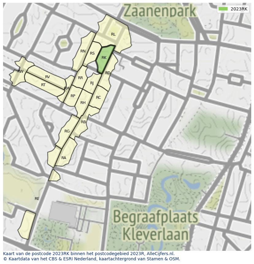 Afbeelding van het postcodegebied 2023 RK op de kaart.