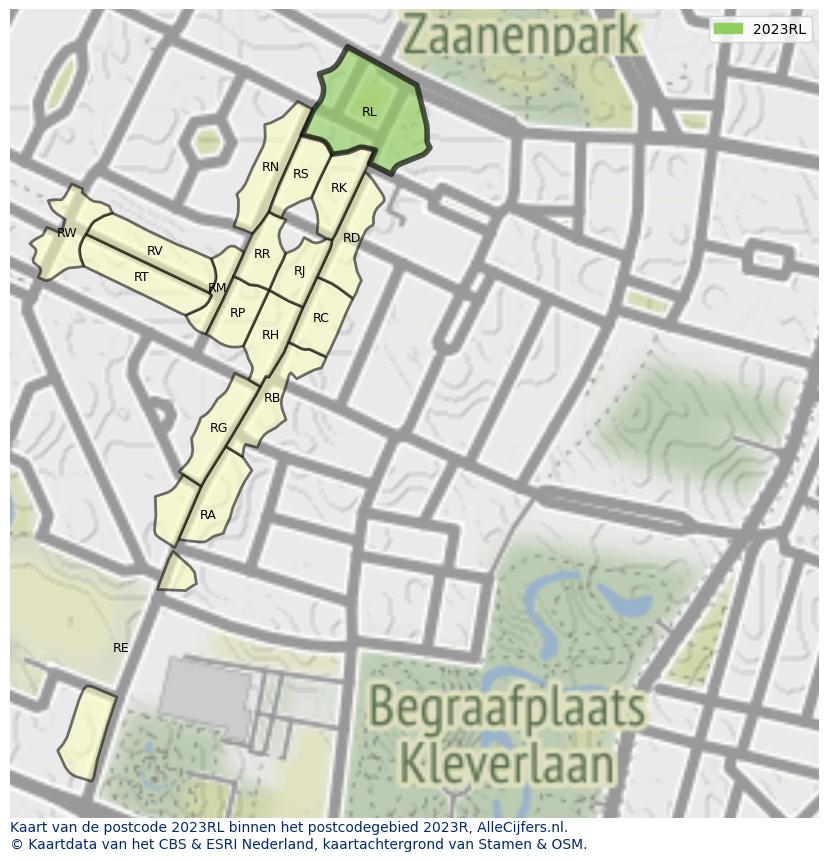 Afbeelding van het postcodegebied 2023 RL op de kaart.