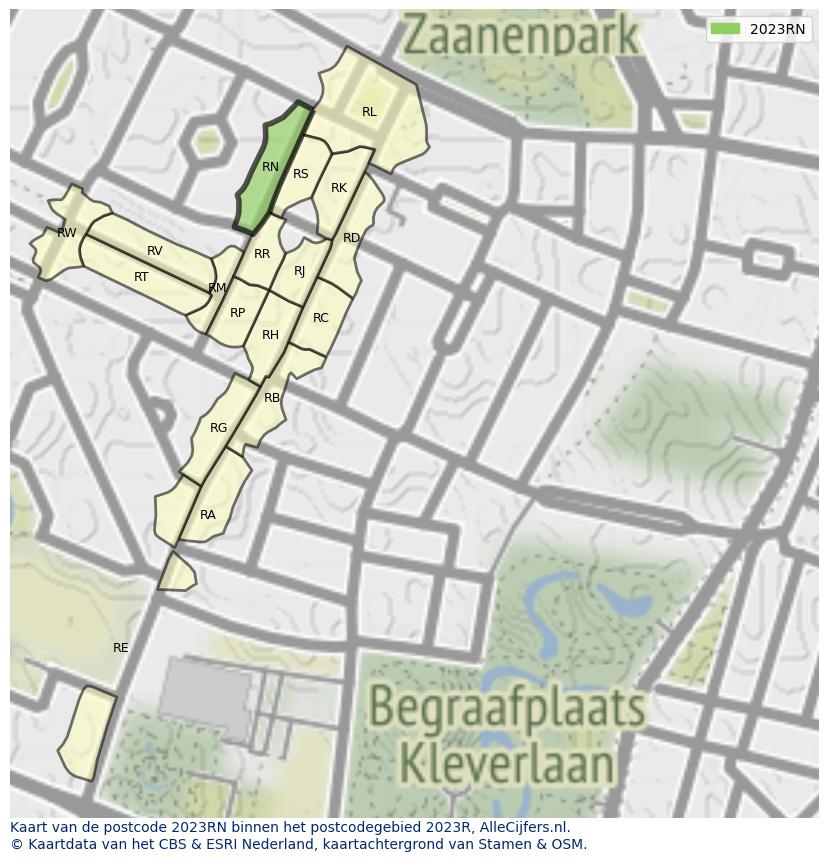Afbeelding van het postcodegebied 2023 RN op de kaart.