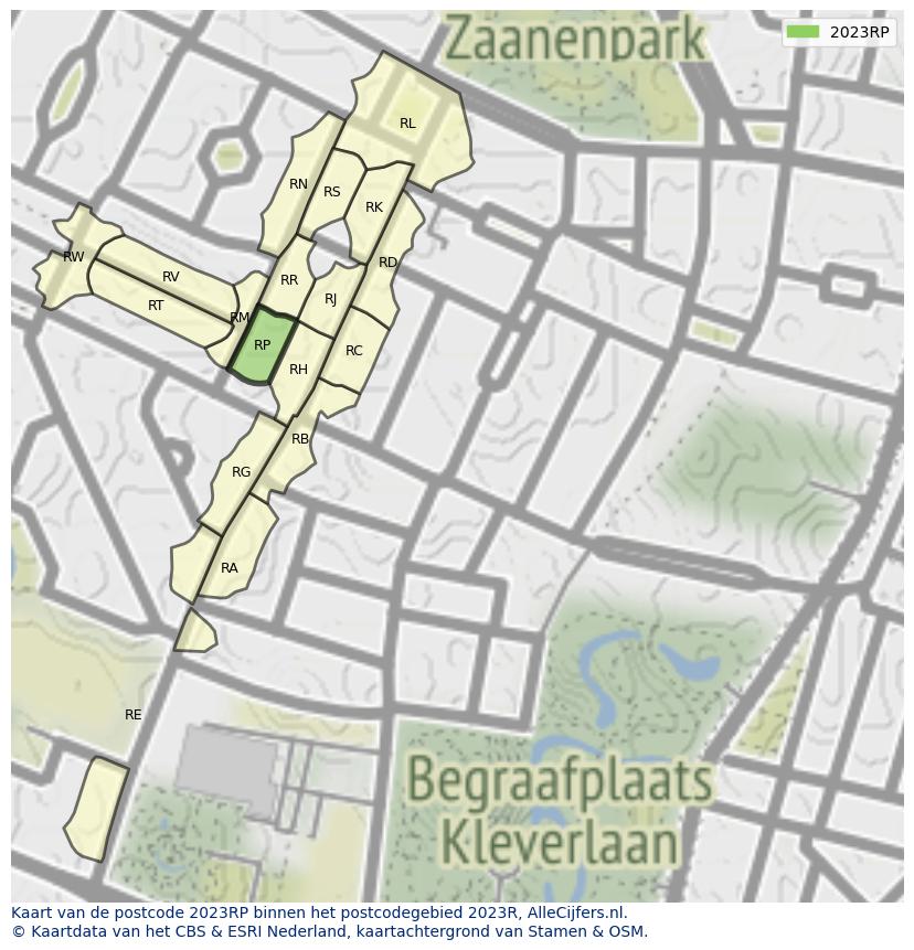 Afbeelding van het postcodegebied 2023 RP op de kaart.