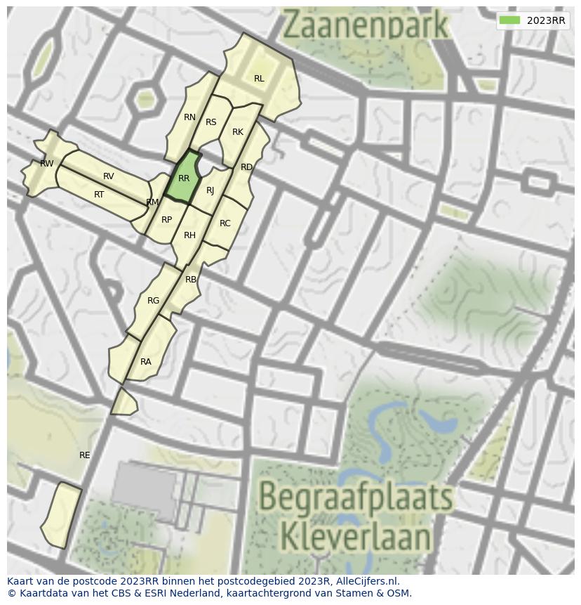 Afbeelding van het postcodegebied 2023 RR op de kaart.