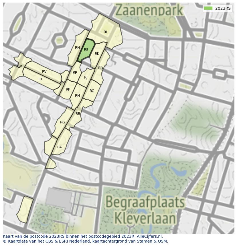 Afbeelding van het postcodegebied 2023 RS op de kaart.