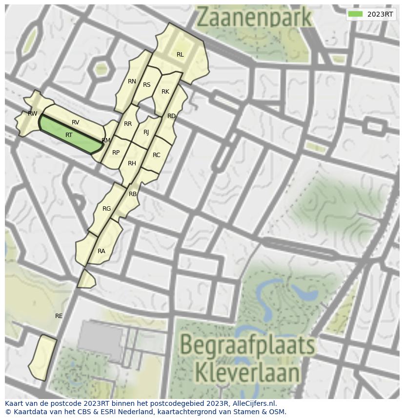 Afbeelding van het postcodegebied 2023 RT op de kaart.