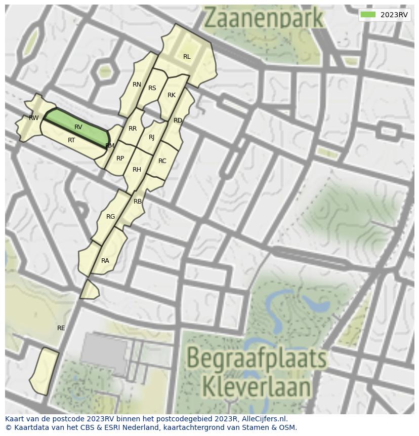 Afbeelding van het postcodegebied 2023 RV op de kaart.